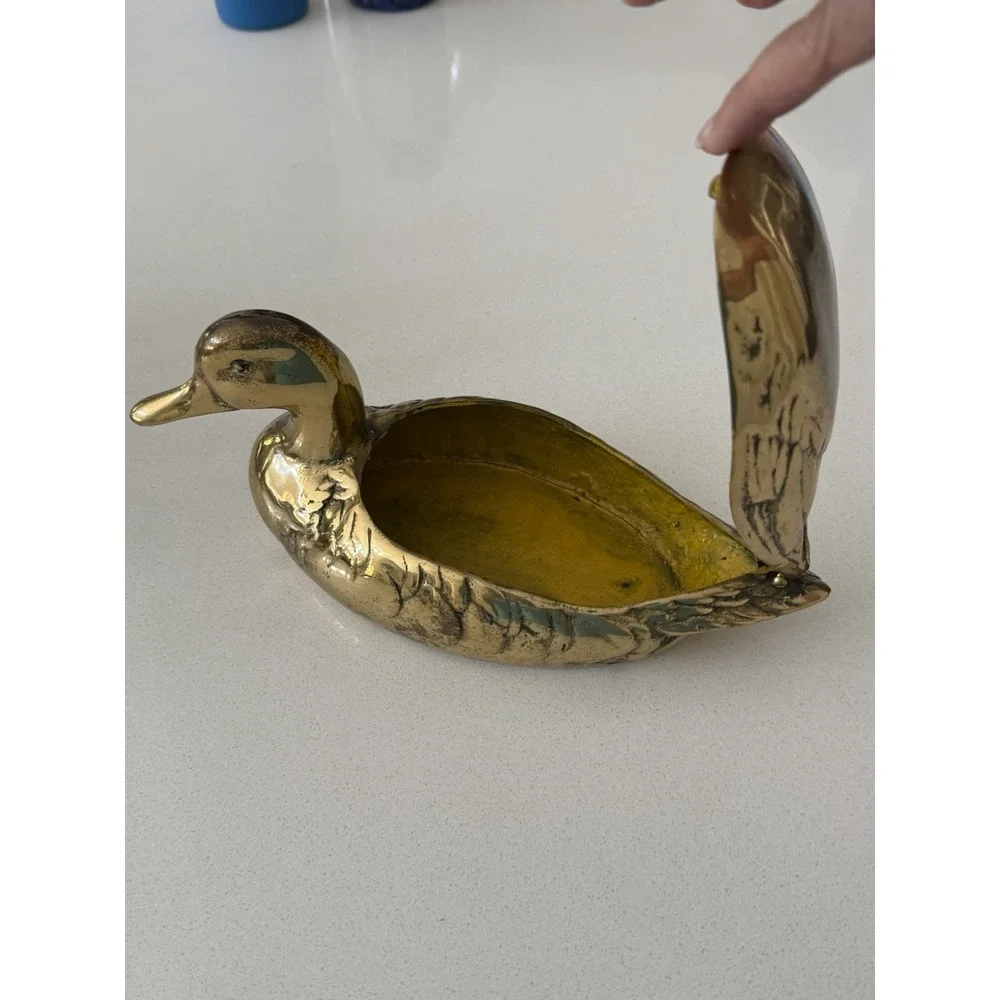 Vintage Large Brass Duck Decoy Trinket Storage Attached Top 12